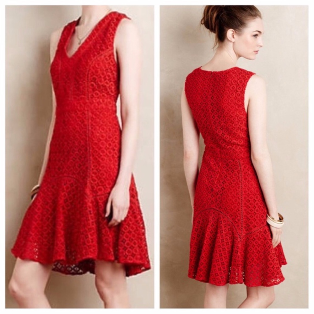 NEW Anthropologie Red Sleeveless Lace Flare Dress (S)